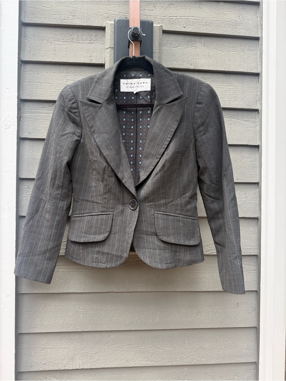 Trina Turk Brown Pinstripe Blazer with Teal stripes Lining size 4